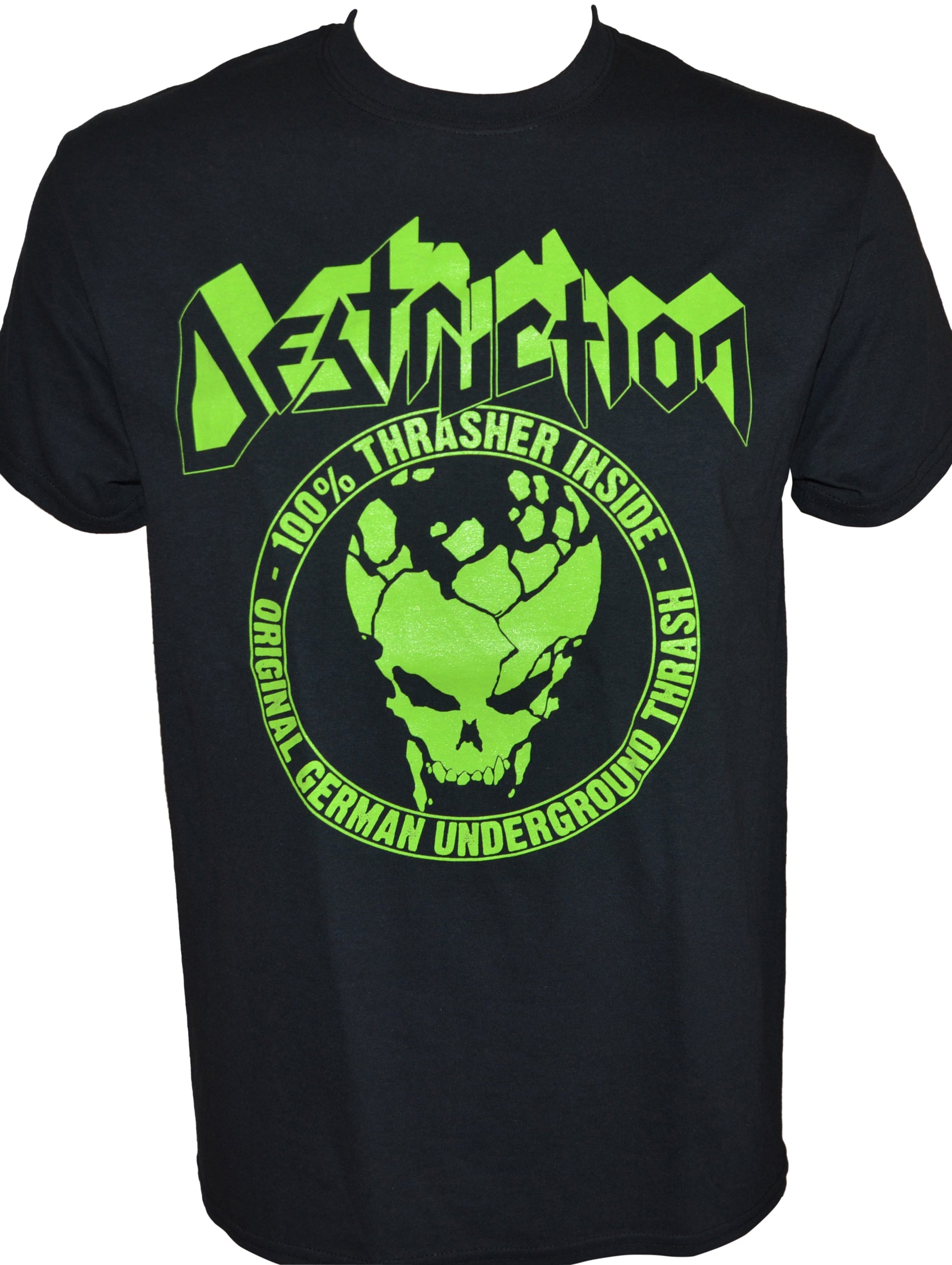 DESTRUCTION - 100 % Thrasher - Green-Print on Black-Gildan-T-Shirt - TS M